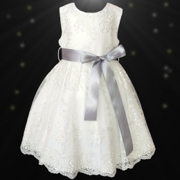 Girls Ivory Floral Lace Dress with Silver Satin Sash